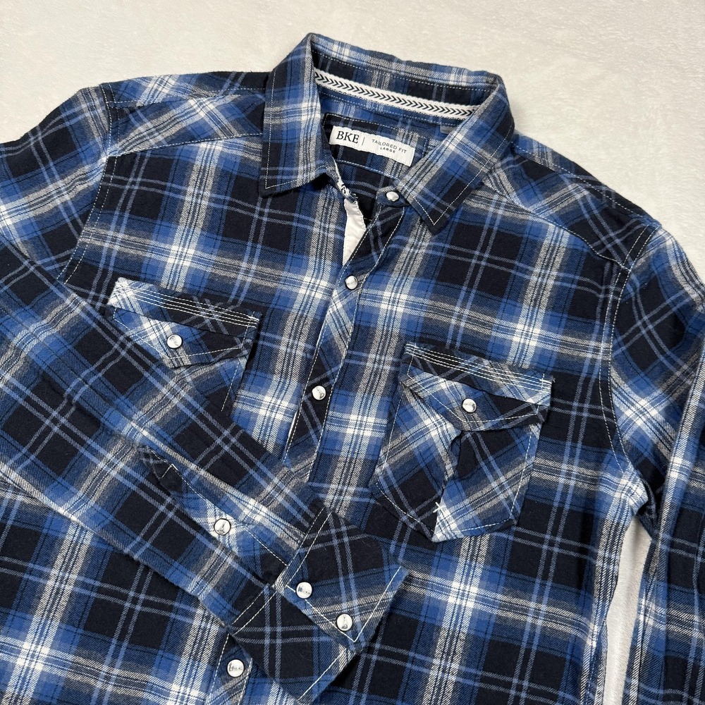 BKE Shirt Mens Large Blue Plaid Flannel Western Pearl‎ Snap Slim Fit Long Sleeve